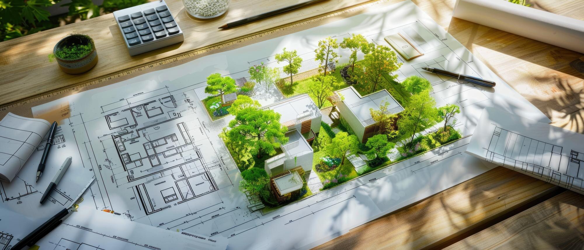 Gartengestaltung und Planung auf einem Tisch mit Zeichnungen